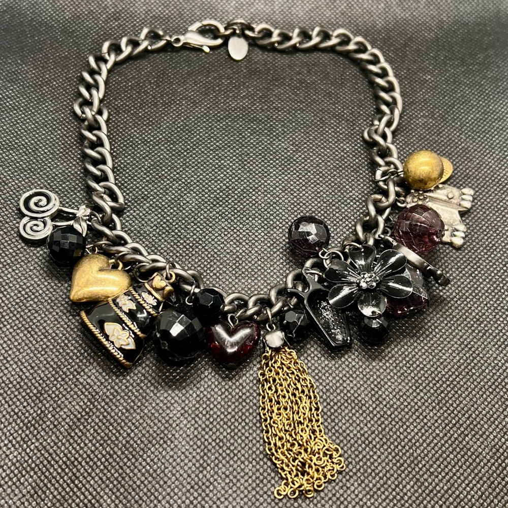 Vtg Tutti Frutti Necklace Silver tone W/ Charms, Hearts Beads Flower Gold Tassel